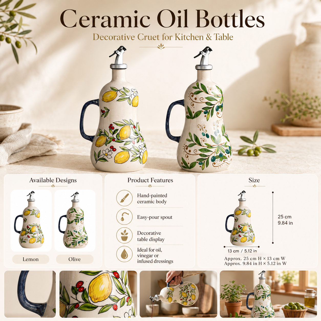 Mediterranean Wide Ceramic Oil Cruet Bottle