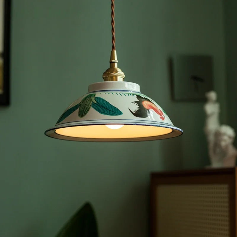 Chicken & Flower Design - Rustic Farmhouse Ceramic Pendant Light