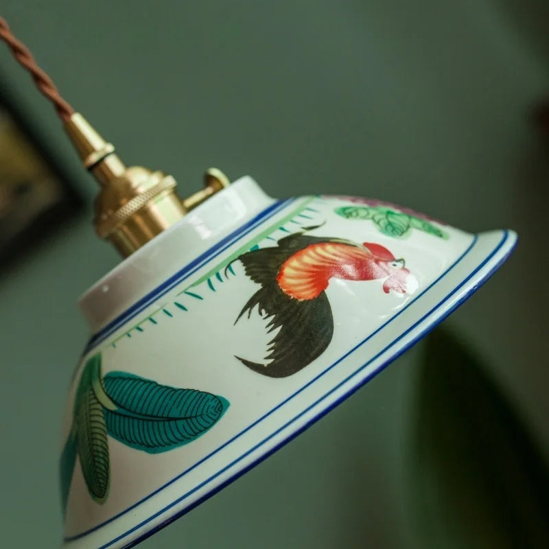 Chicken & Flower Design - Rustic Farmhouse Ceramic Pendant Light