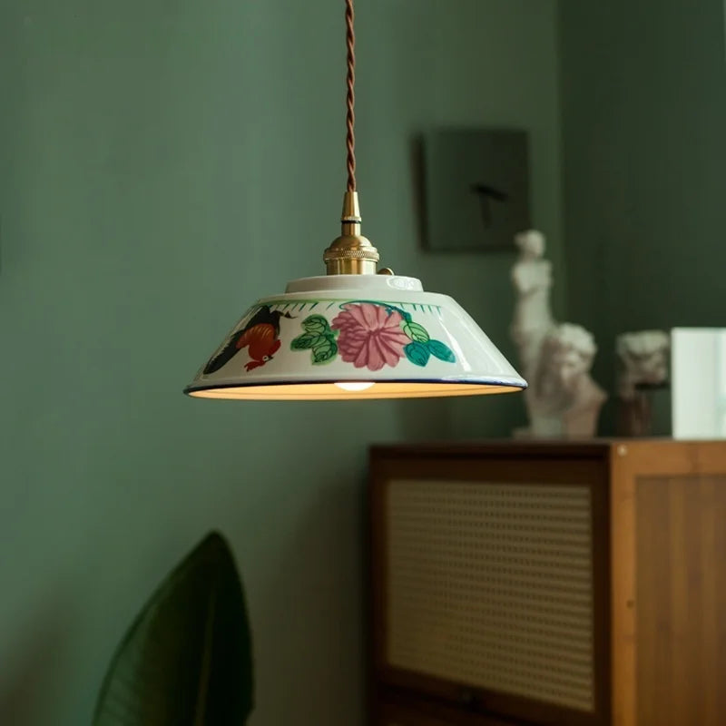 Chicken & Flower Design - Rustic Farmhouse Ceramic Pendant Light
