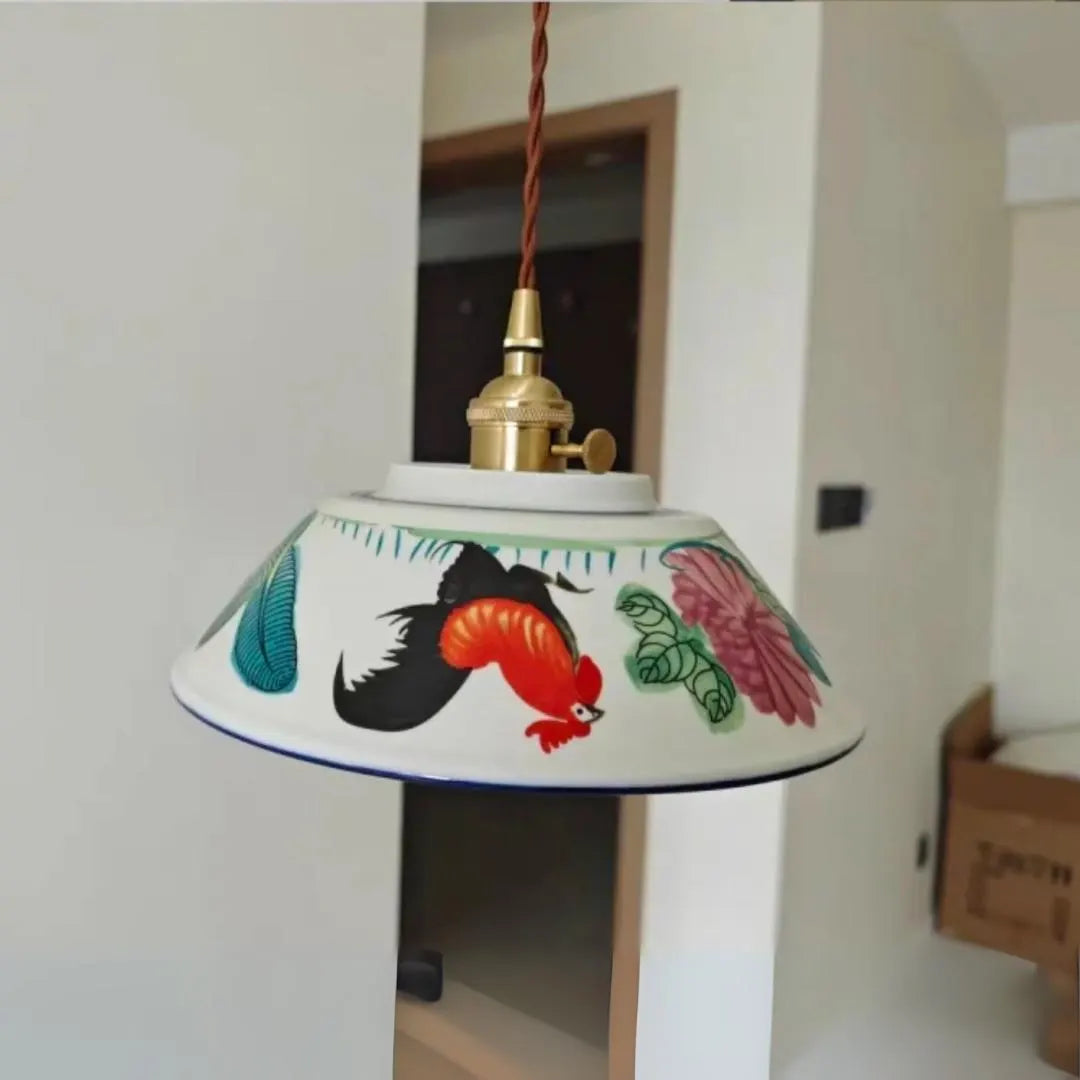 Chicken & Flower Design - Rustic Farmhouse Ceramic Pendant Light